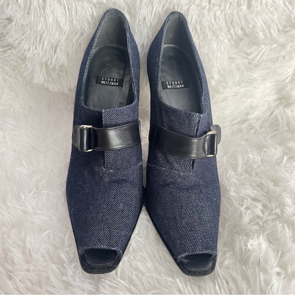 Stuart Weitzmen Peep Toe Denim Upper Leather Boots 8.5 - Picture 2 of 13